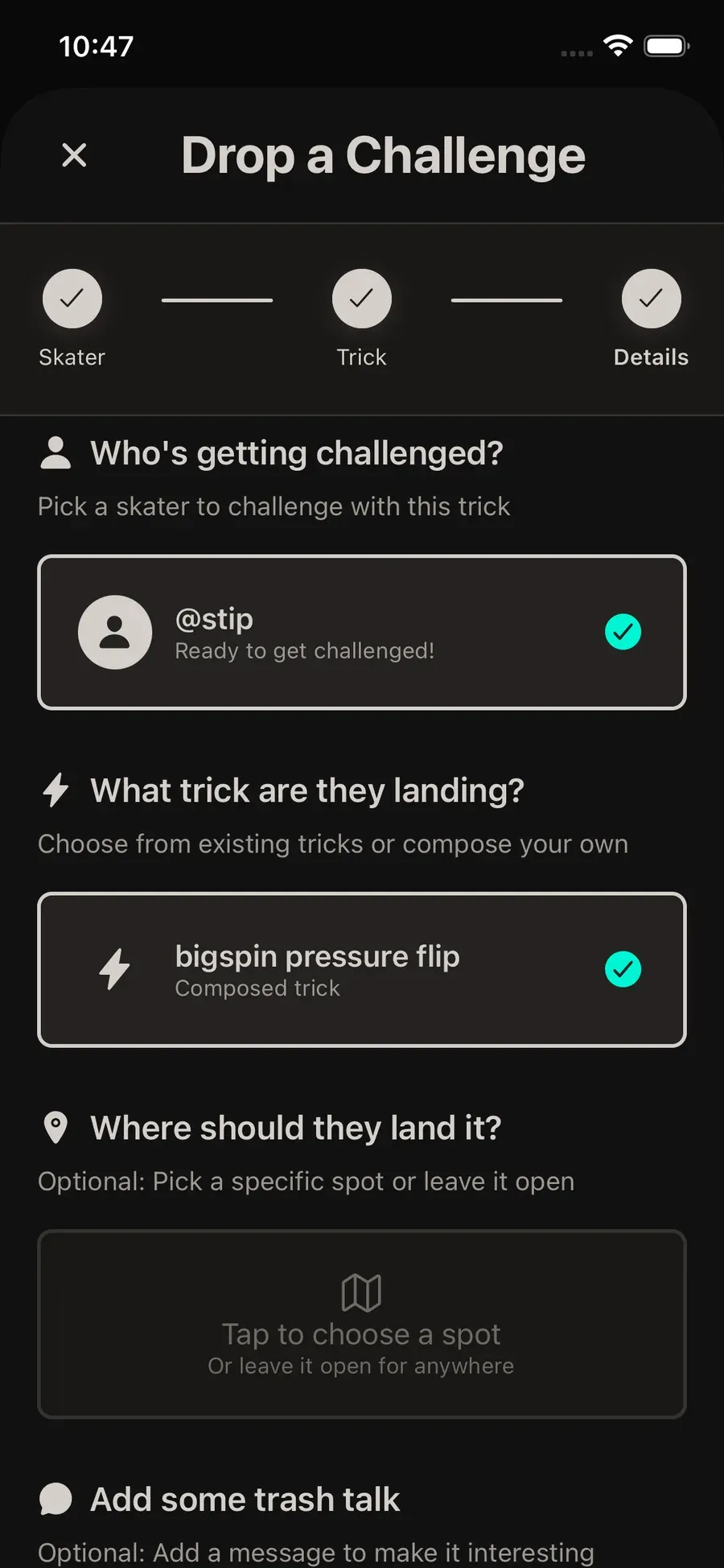 The trxy challenge screen, showing a trick challenge and its status