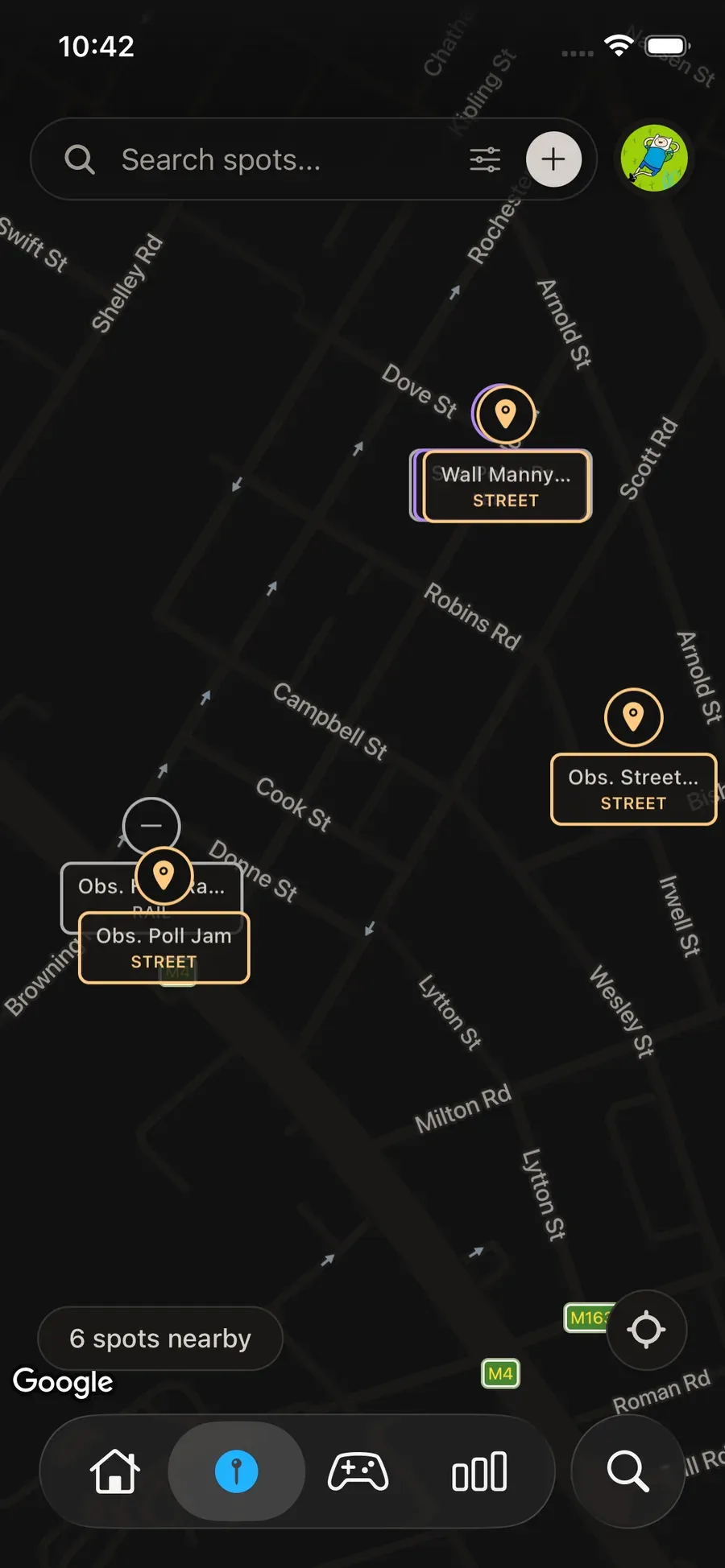 The trxy spots map, showing clustered skate spots across a city