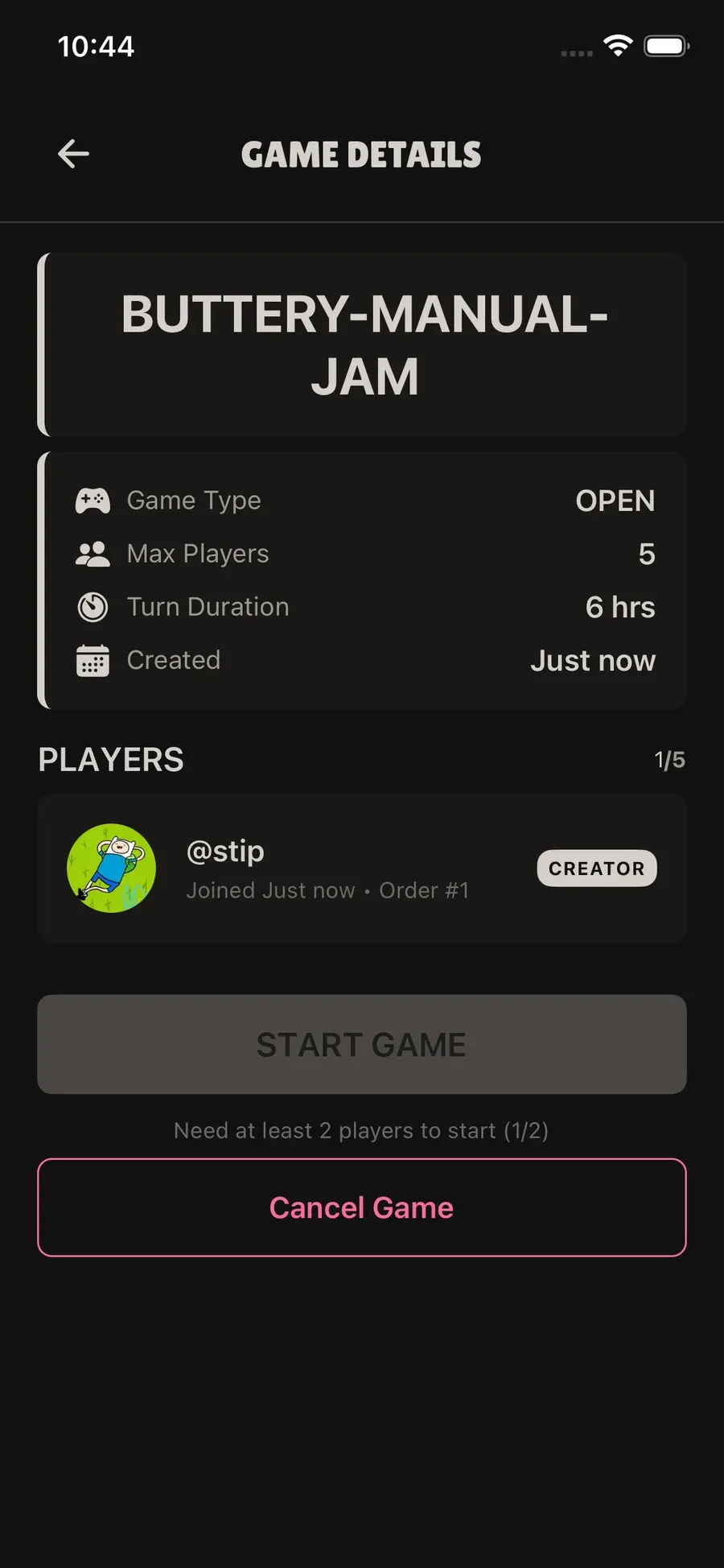 A live game of S.K.A.T.E. in trxy, showing turns and letters