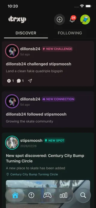The trxy feed, showing live challenge and spot activity